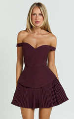 Izara Mini Dress - Off Shoulder Pleated Dress in Wine