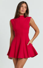 Becky Mini Dress - High Neck Sleeveless Fit And Flare Dress in Red