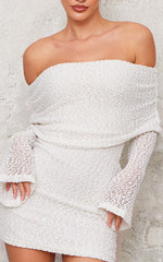 Cream Textured Bardot Flare Long Sleeve Mini Dress