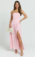 Nadiane Maxi Dress - Strapless Asymmetric Drop Waist Dress in Pink