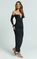 Isabelle Maxi Dress - Ruche Front Deep U Off Shoulder Fitted Dress in Black