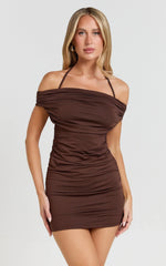 Gabriel Mini Dress - Halter Tie Back Bodycon Dress in Chocolate