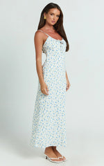 Owen Maxi Dress - Strappy Scoop Neck Tie Front Bias Skirt Dress in Blue Ditsy Floral
