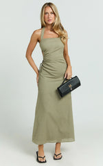 Myra Maxi Dress - Halter Ruched Side Dress in Olive