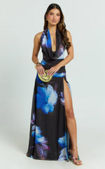 Odessa Maxi Dress - Plunge Cowl Halter High Leg Split Dress in Electric Bloom Print