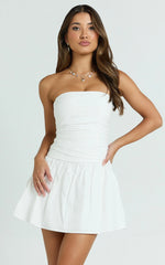 Donatella Mini Dress - Strapless Drop Waist Dress in White