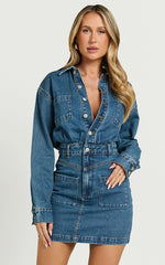 Kamala Mini Dress - Long Sleeve Button Through Denim Dress in Dark Blue Wash