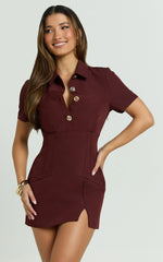 Charity Mini Dress - Placket Front Fitted Shirt Dress in Mahogany