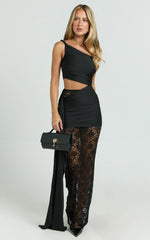 Ferguson Maxi Dress - One Shoulder Draped Jersey and Lace Dress in Black