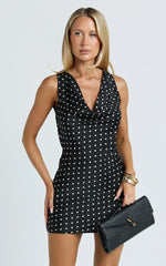 Blanca Mini Dress - Cowl Neck Bias Cut Dress in Black Polka Dot