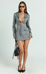 Jamaica Mini Dress - Cut Out Ruched Tie Front Fitted Blazer Dress in Grey