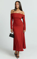 Perla Maxi Dress - Off The Shoulder Sleeve Drop Waist Dress in Red