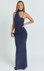 Larson Maxi Dress - Asymmetric Tie Neck Column Dress in Ink