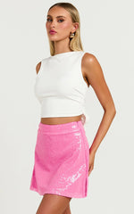Elswyth Mini Skirt - Side Split Sequin Skirt in Pink