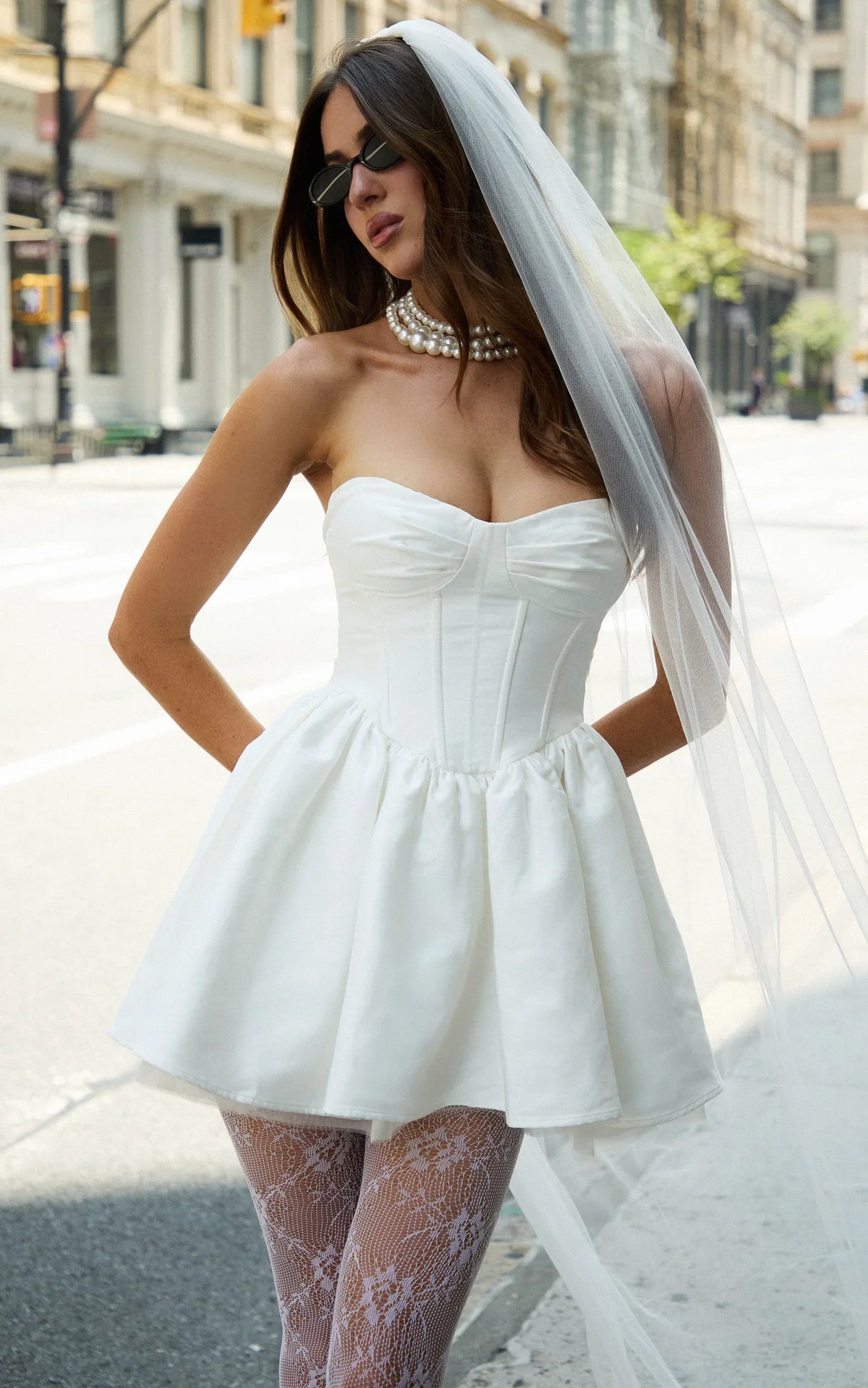 Charlize Mini Dress - Satin Sweetheart V Waist Fit And Flare Dress in White