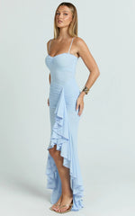 Brionna Midi Dress - Lace Neck Ruched Ruffle Hem Dress in Blue