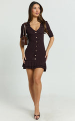 Mischa Mini Dress - Collared Short Sleeve Fit And Flare Knitted Dress in Dark Chocolate