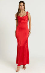 Grace Maxi Dress - Cowl Neck Satin Slip Dress in Coral Red