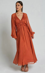 Roxanna Maxi Dress - Long Sleeve Ruched Waist Dress in Rust