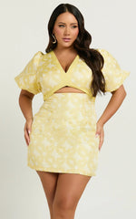 Diana Mini Dress - Jacquard Short Sleeve Cut Out Dress in Lemon