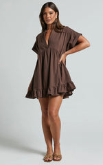 Calissa Mini Dress - Frill Hem Smock Dress in Chocolate