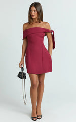 Cecilia Mini Dress - Off Shoulder Tie Detail Dress in Wine