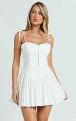Nicolette Mini Dress - Square Neck Strappy Tie Shoulder Drop Waist Pleated Skirt Dress in Off White