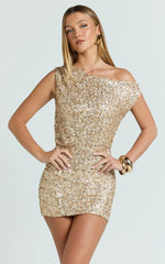 Nora Mini Dress - One Shoulder Blouson Fitted Dress in Gold