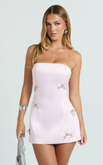 Alina Mini Dress - Strapless Diamonte Bow A Line Dress in Pink