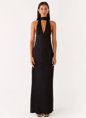 Alicia Satin Halter Maxi Dress - Black