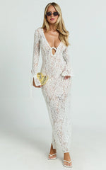 Paula Maxi Dress - Lace V Neck Long Sleeve Column Dress in White