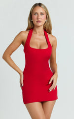 Lucinda Mini Dress - Scoop Neck Ruched Bodycon Dress in Red