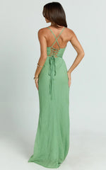 Jameela Maxi Dress - Strappy Sweetheart Neck Gathered Tie Back Dress in Green