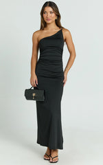 Debbie Maxi Dress - One Shoulder Hardware Detail Dress in Black