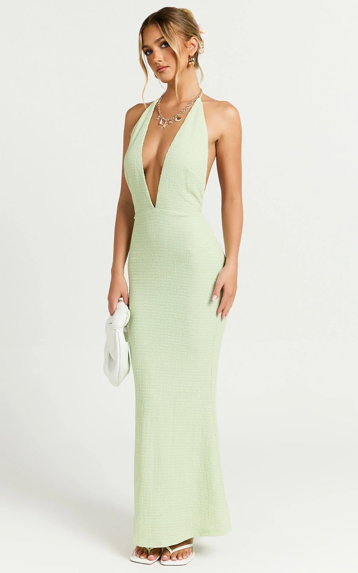 Ada Maxi Dress - Halter Plunge Textured Jersey Open Back Dress in Green