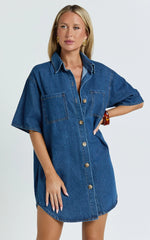 Richelle Mini Dress - Short Sleeve Denim Shirt Dress in Mid Blue