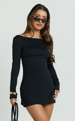 Adora Mini Dress - Long Sleeve Backless Boat Neck A Line Dress in Black
