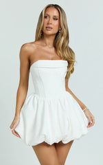 Jeannie Mini Dress - Corset Panel Bubble Hem Dress in Off White