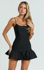 Sammie Mini Dress - Scoop Neck Hem Frill Fitted Dress in Black