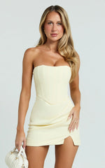 Avery Mini Dress - Strapless Corset Bodice Draped Dress in Lemon