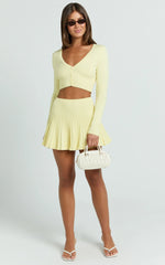 Naomi Two Piece Set - Contrast Knit Button Up Long Sleeve And Pleated Mini Skirt in Lemon
