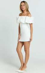 Coraline Mini Dress - Ruffle Off Shoulder Fitted Dress in White