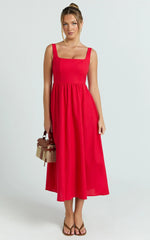 Khari Midi Dress - Linen Look Square A Line Dress in Red