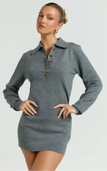 Jolene Mini Dress - Long Sleeve Knitted Polo Dress in Dark Grey