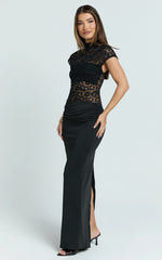 Ellen Maxi Dress - Lace Square Neck Contrast Skirt Dress in Black