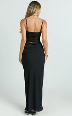 Rania Maxi Dress - Contrast Lace Bodice Bias Cowl Drop Waist Dress in Black