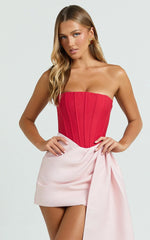 Olympia Mini Dress - Contrast Draped Strapless Fit And Flare Dress in Red/Pink