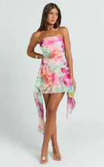 Edwina Mini Dress - Strapless Asymmetric Flounce Hem Dress in Abstract Floral