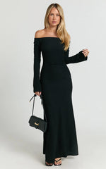 Ayla Maxi Dress - Off Shoulder Flared Sleeve Bodycon Dress in Black