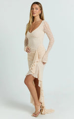 Rhea Maxi Dress - Long Sleeve Ruched Ruffle Hem Dress in Blush